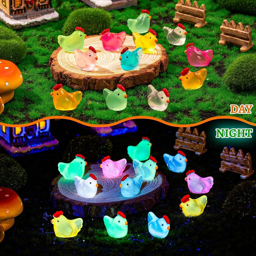 50Pc Luminous Mini Chicken Figurines Resin Miniature Animals Tiny Chickens For Dollhouse Micro Landscape Diy Outdoor Party Decor
