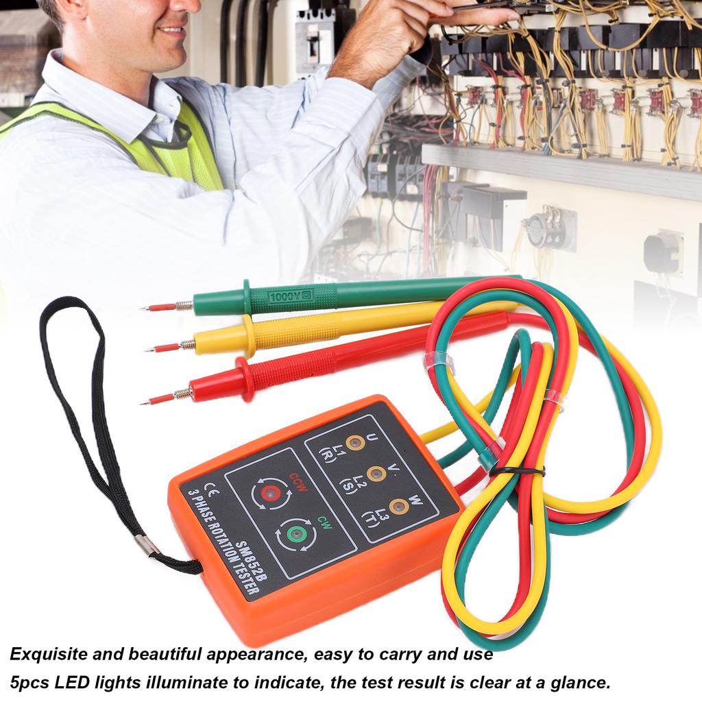 SM852B 3fázový tester sledu fází, digitální fázový indikátor, detektor fází, LED bzučák, měřič fázové sekvence, tester napětí 60V~600V AC