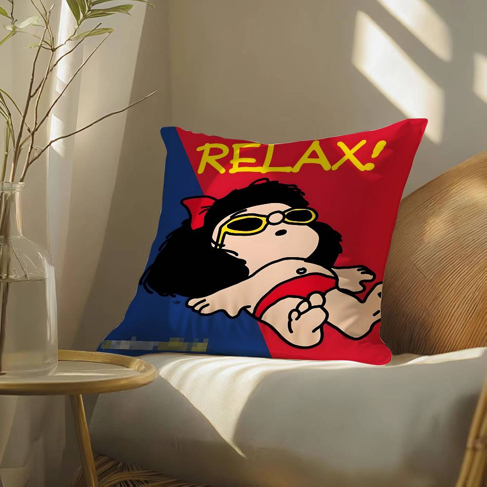 Quino Cartoon Cute Girl Mafalda-M Pillow Case Silky Elegant Comfort Sofa Bed  Invisible Zipper Beach Pillowcase
