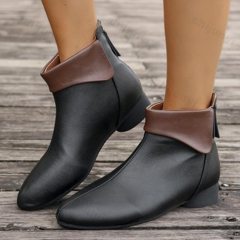 Fashion Women Ankle Boots 2025 Autumn New Low Heel Fashion Soft Leather Matching Color Short Boots Retro Back Zipper Design Office Boots