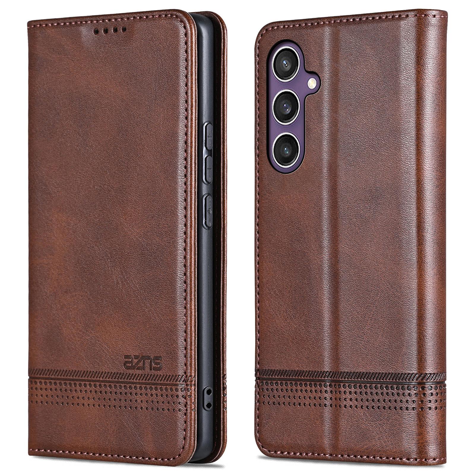 

AZNS For Samsung Galaxy S24 FE Cowhide Texture Phone Stand Case Magnetic PU Leather Phone Shell Cover Coffee