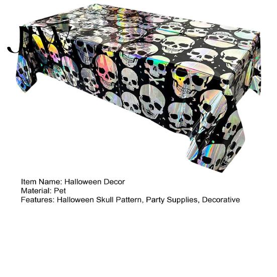 Holiday Wall Decor Halloween Skull Foil Fringe Curtain, Iridescent Disposable Tablecloth, Theme Decoration Table Cover Tinsel Backdrop for Party