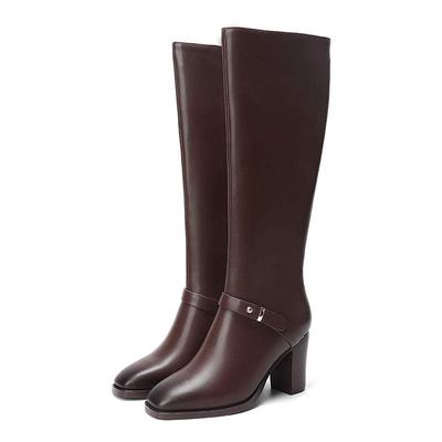 Cow Leather Autumn Winter Shoes Thick High Heels Big Size 45 Size 44 Zipper Decoration Concise Style Women Keep Warm Knee Boots