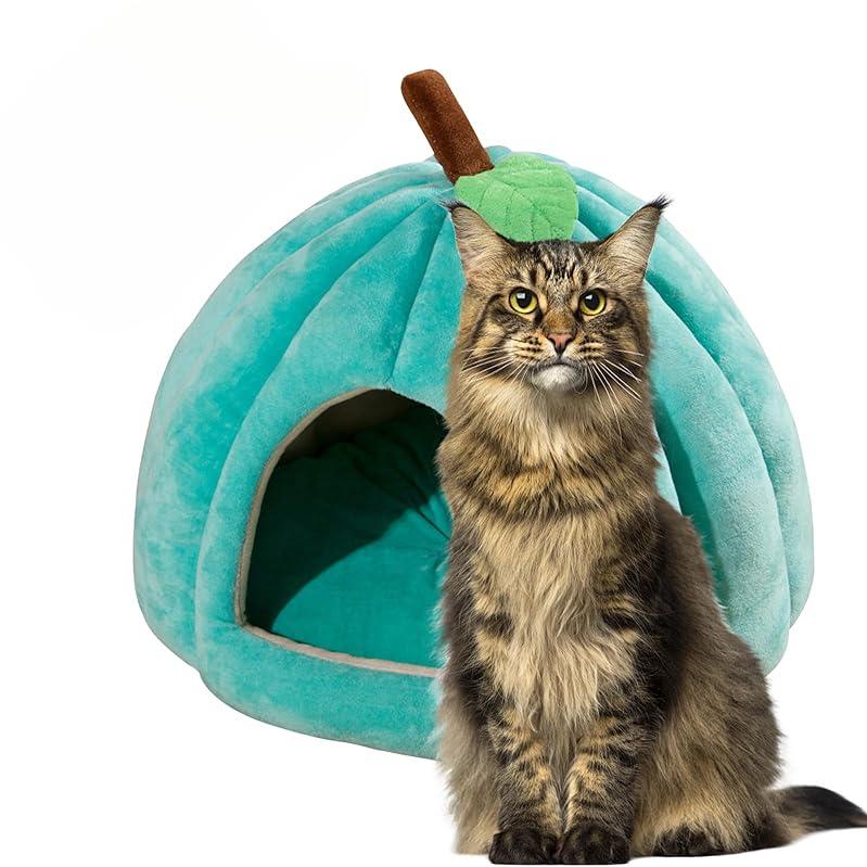 3D Pumpa Kattbädd Husdjurshus Halvt slutet Avtagbar Botten Halkfri Mjuk PP Bomull Vinterlämplig För Katt/Hund Varm Förtjockad Husdjursbädd