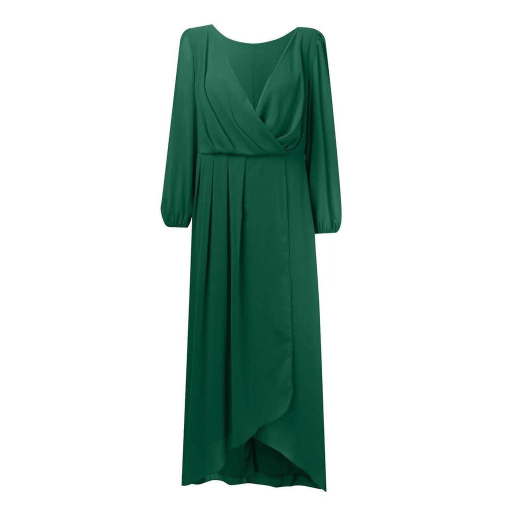 Women V Neck Long Sleeve Wrap Maxi Dress Elegant Chiffon High Low Asymmetric Hem Party Gown