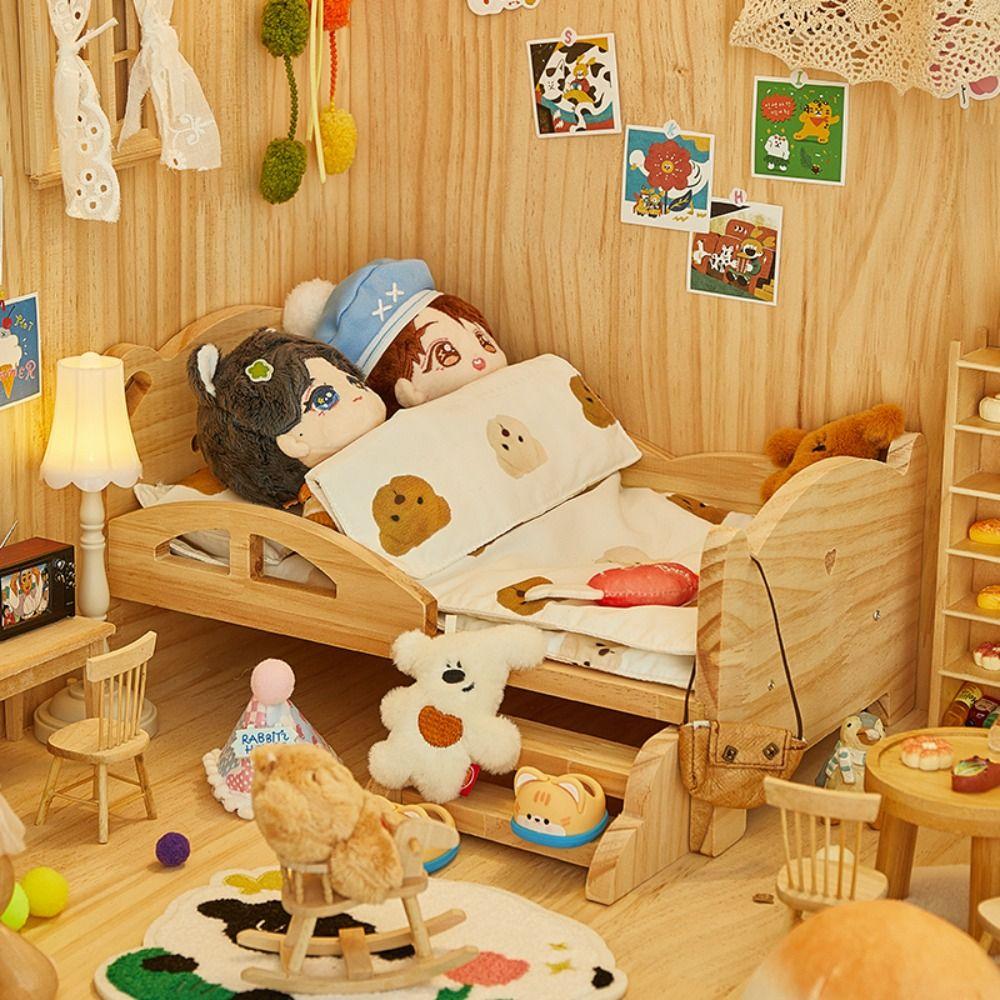 With Stairs Wooden Mini Bed Pig Rabbit Dollhouse Toy Bed Doll Miniature Bed  Photo Props