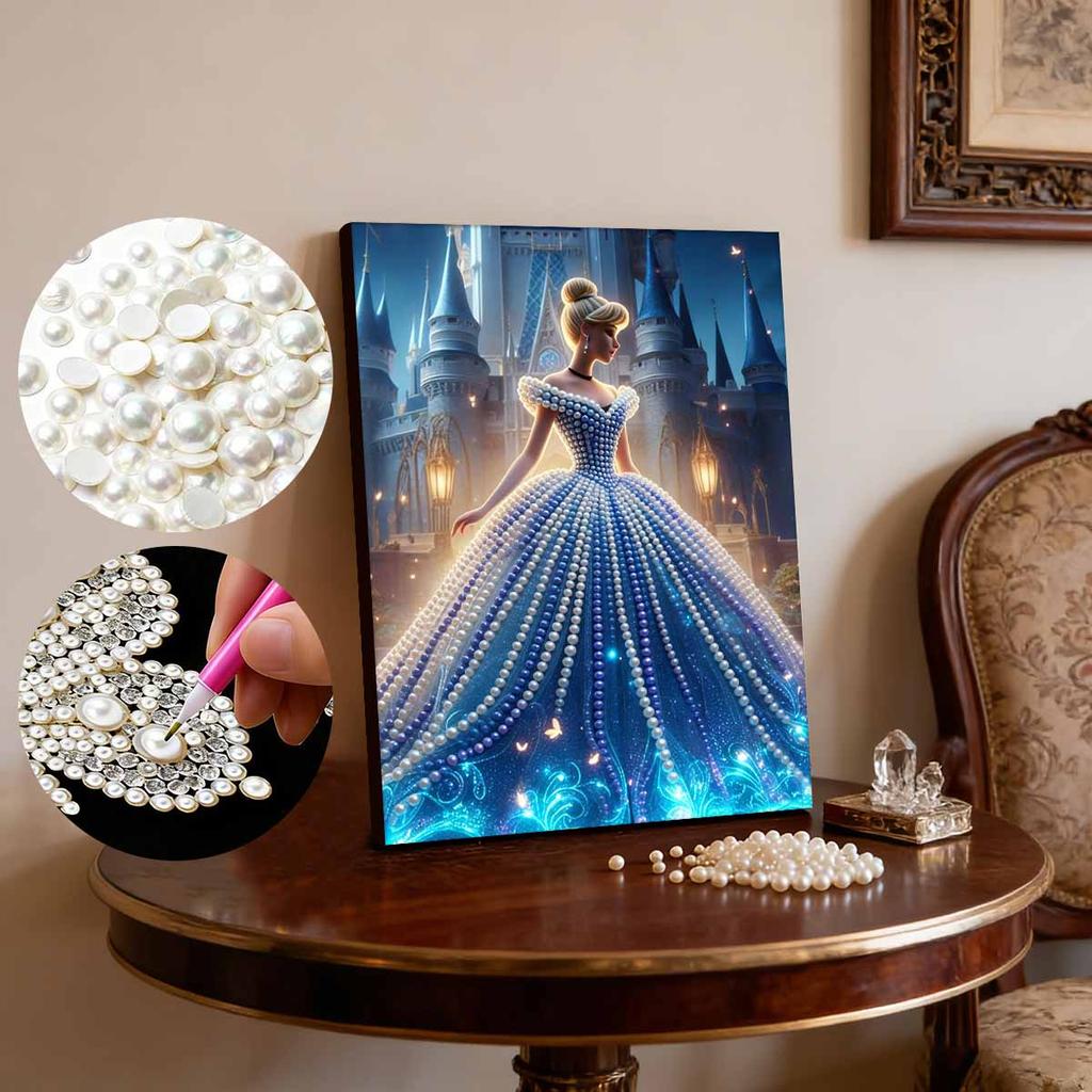 Disney Pearl Painting Cinderella Blue Dress Castle Back View Creative Exquisite Landscape Sparkling Painting Craft Home Wall DecorationDIYHandmadeGift