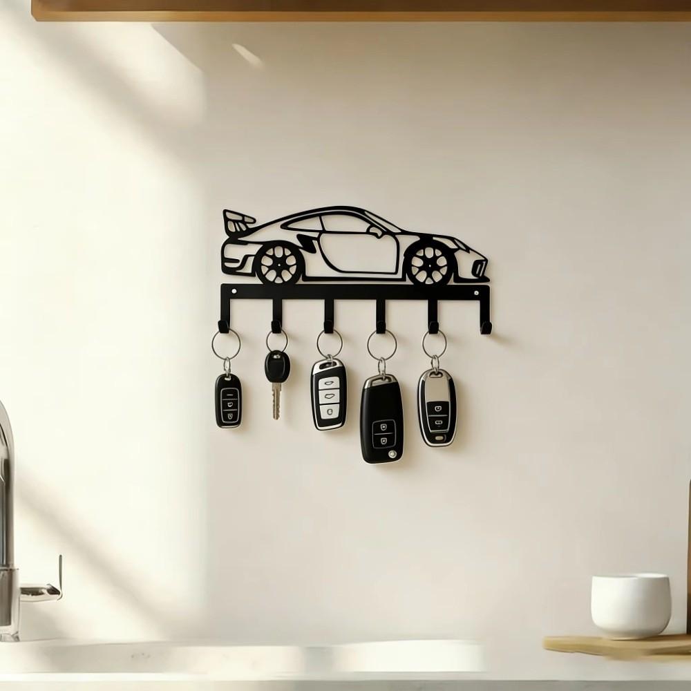 Black Minimal Metal Car Key Holder Wrought Iron Sturdy 6 Hooks Wall Mount Key Rack Vintage Classic Pre-Drilled Holes