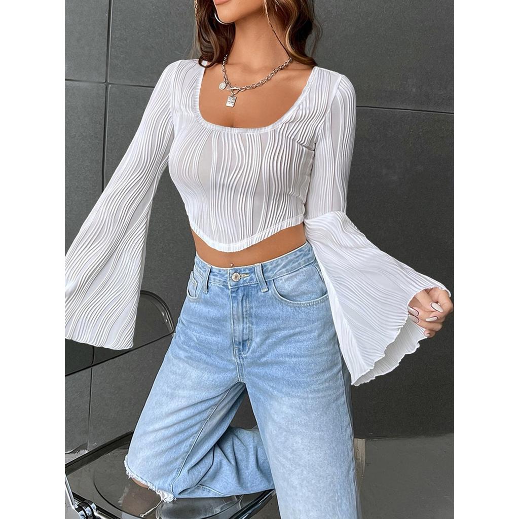 Women's Solid Color U Neck Cropped Flare Long Sleeve T-shirt, Slim Fit Sexy Short Sleeve Top, Fashion Casual Streetwear for Women