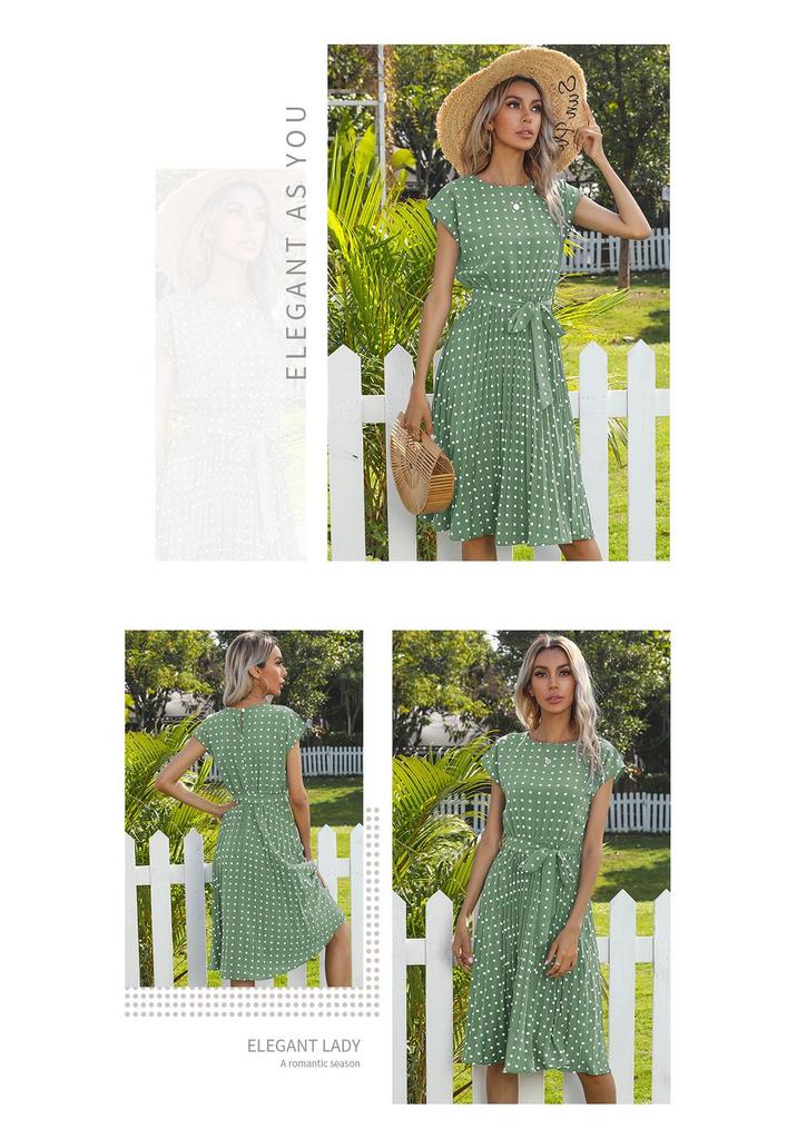European & American Summer Polka Dot Mid-length Retro Dress with Tie-Up Pleated Short Sleeves