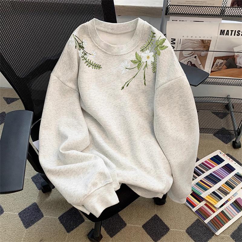 Retro Heavy Industry Machine Embroidered Crew Neck Sweater Men s Autumn and Winter New Embroidered Fleece Thickened Women s Clothing Casual and Loose M