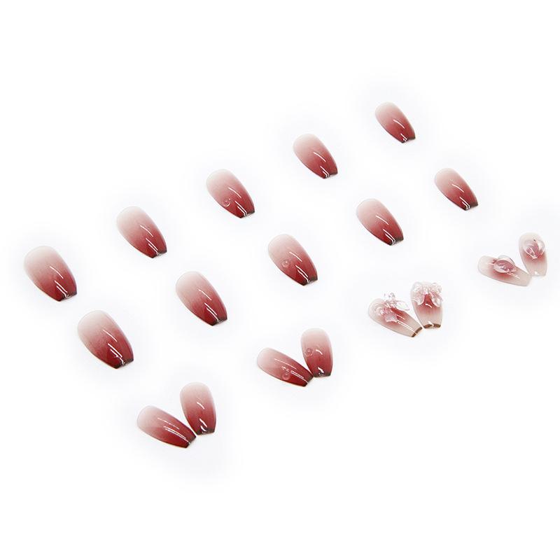 24 Pcs Gradual Change Color Nail Patch Boxed Love Peach Bow See Light Change Color Three-dimensional Wear Nail Light Change
