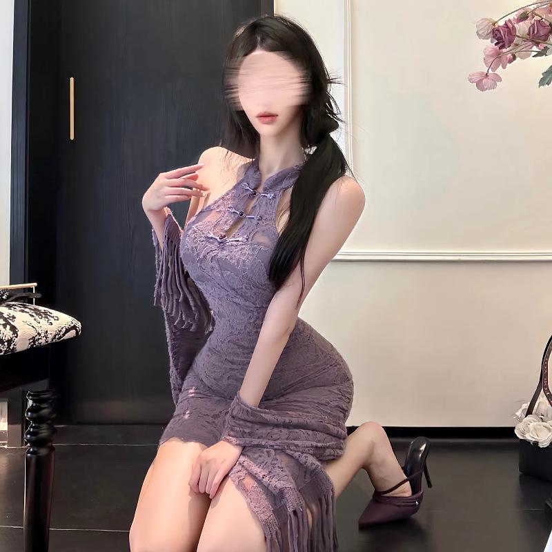 Purple Cheongsam-Inspired Bodycon Lingerie with Stand-up Collar - Spicy Temptation 7616