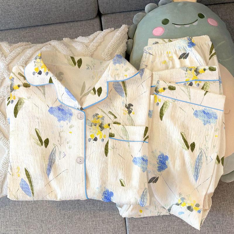 Green Plant Flower Lapel Pajamas Women'S Spring And Autumn Long-Sleeved Trousers Sweet Girl Loungewear Set