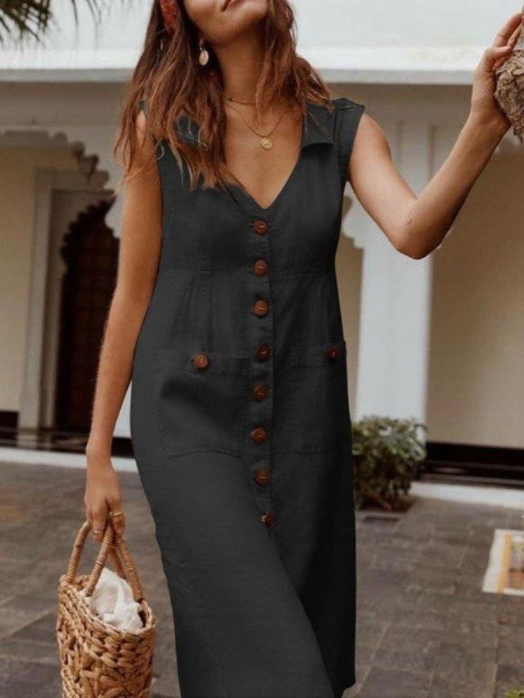 

S-5XL Summer Simple V-neck Button-down Dress Cotton Linen Sleeveless Dress for Women Shirt Dress S чорний
