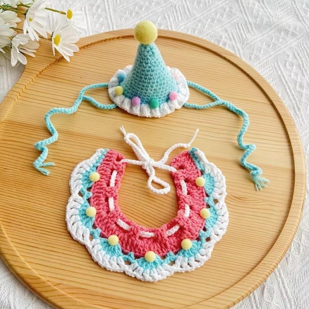2pcs Handmade Dog Neck Set Photo Decoration Dog Neck Accessories Soft Pet Birthday Hat