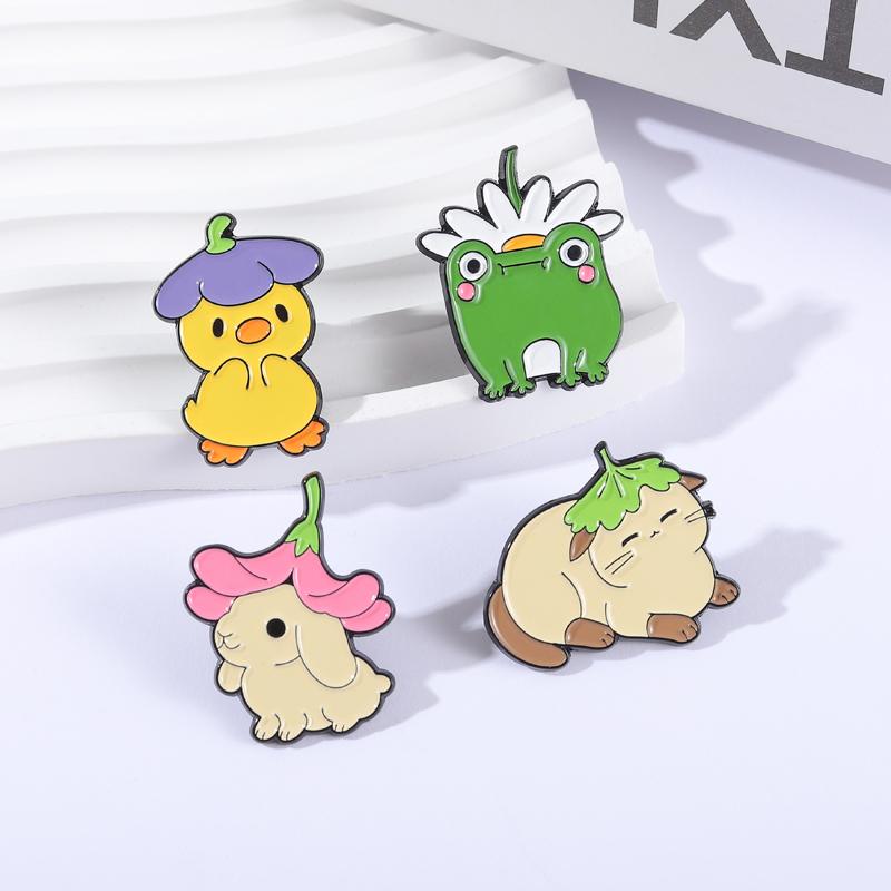 Xiaomi Duck Wear Eggplant Hat Frog Wear Daisy Hat Enamel Pins Brooch Cute Animal Brooches Backpack Lapel Badge Jewelry Gift for Friends