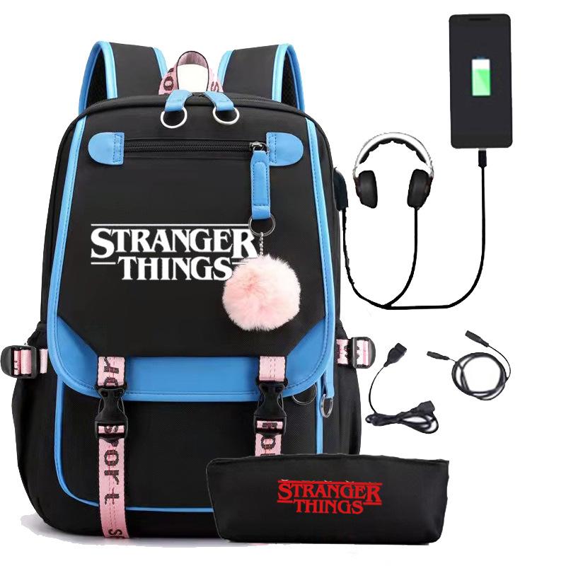 Zaino Stranger Things Stranger con Ricarica USB Borsa Scolastica per Studente di Scuola Media Astuccio Set da Due Pezzi