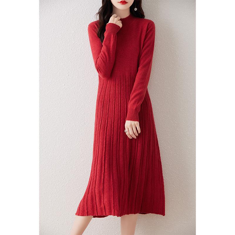 Elegant Merino Wool Women's Bodycon Knit Dress - New Style with Half High Neck and High Waist Design