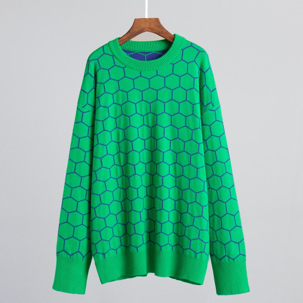 Autumn Winter Honeycomb Print Sweater Women's Round Neck Loose Temperament Versatile Comfortable Long-sleeved Knit Top
