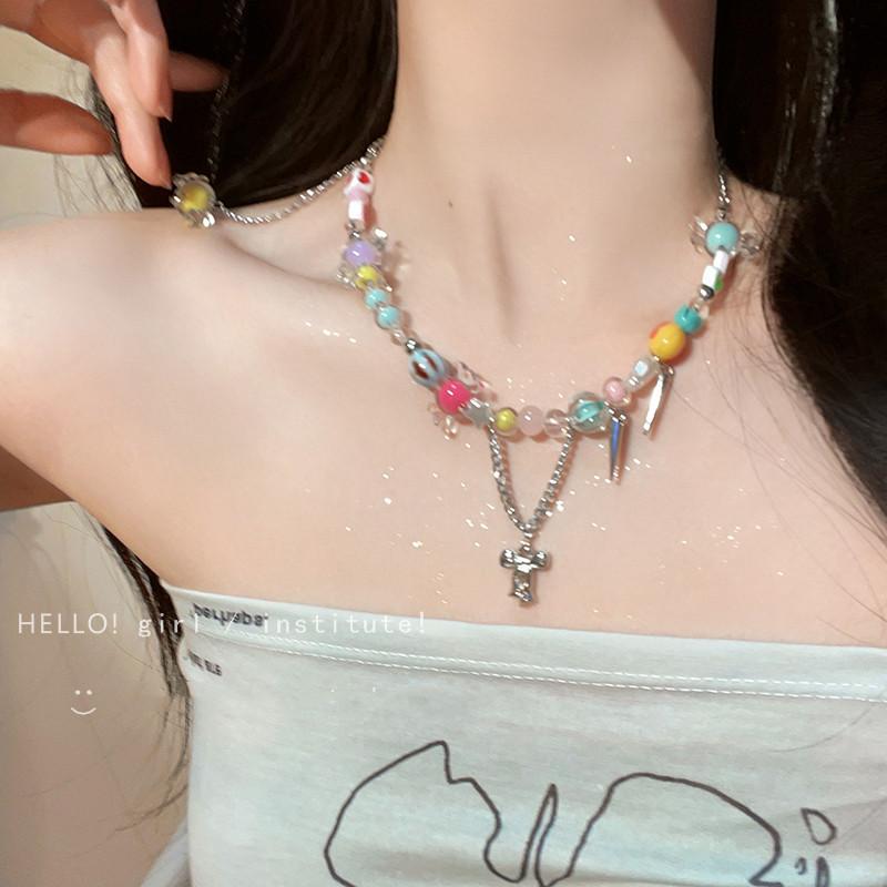 Rainbow Candy Necklace Women INS Niche High Sense Viral Internet Accessories Sweet Cool Girls Clavicle Chain Trend Neck Chain