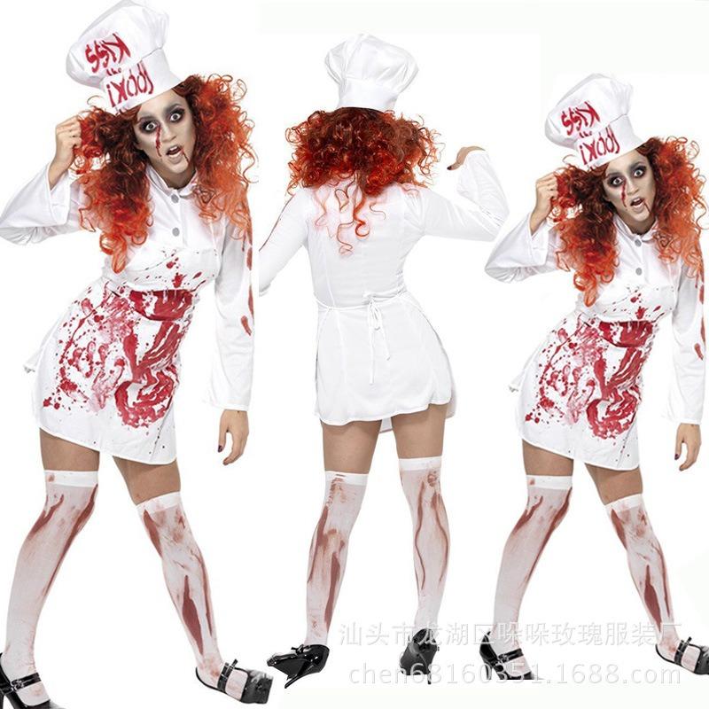 Neues Halloween Horror Blutiger Koch Kostüm, Halloween Verkleidungskostümset Blutiges Köchinnenkostüm