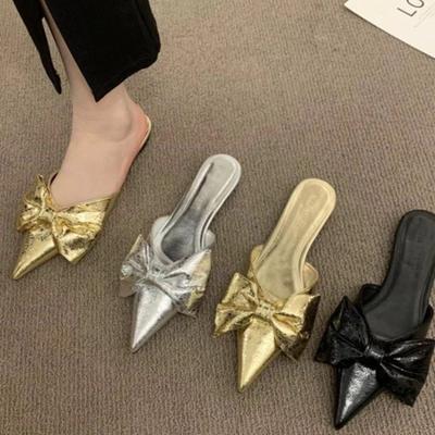 Fashion New Bowtie Mule Shoes Women Fashion Pointed Toe Stripe Wave Slip-on Sandals Ladies Luxury Satin Silk Outdoor Flat Slippers
