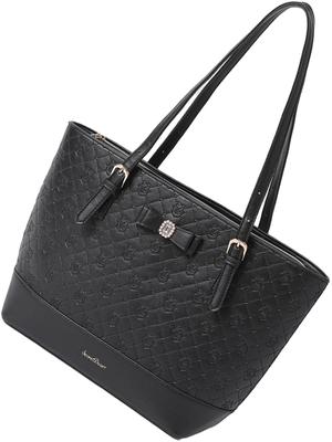 [SecretDoor] Black Tote Bag for Women, Shoulder Bag, Large, Large Capacity, A4, Synthetic Leather, Gusseted, Logo, Frills, 332913-01