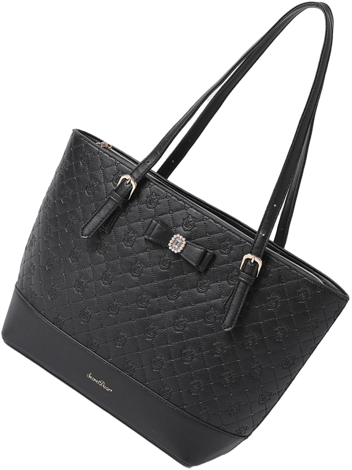 

[SecretDoor] Black tote bag for women, shoulder bag, large, large capacity, A4, synthetic leather, gusseted, logo, frills, 332913-01 чорний