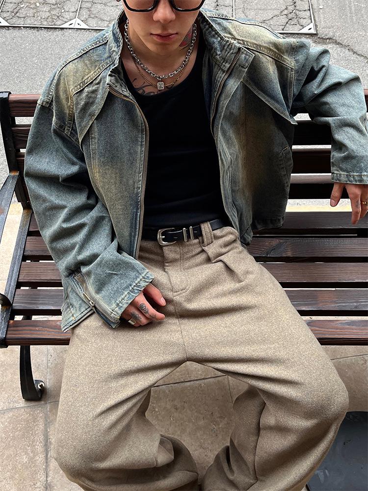 Men's High-End Heavyweight Deconstructed Denim Stand-Up Collar Jacket - Trendy American Retro PUNK Style