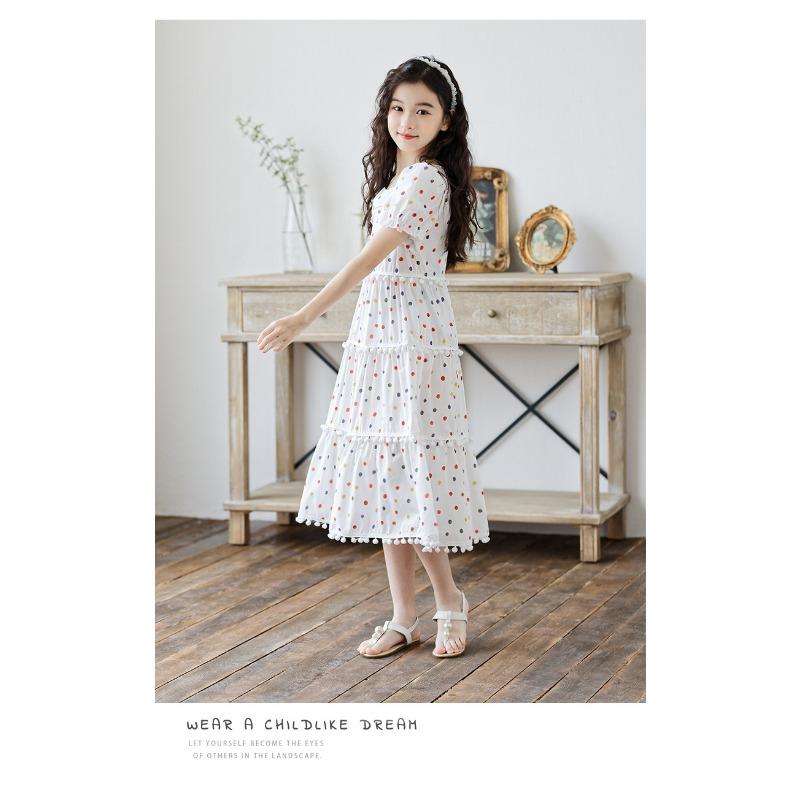 Kids Big Girls Korean Style Polka Dot Short Sleeve Fringe Hem Long Princess Dress