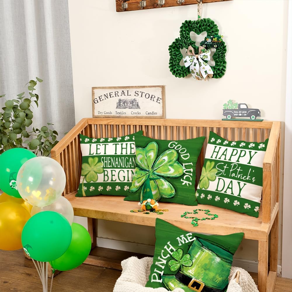 GEEORY Happy St. Patrick's Day Pillow Covers 18 x 18 Inch Set of 4, Green Shamrock Good Luck Leprechaun Hat Pinch Me Farmhouse Throw Pillowcases for