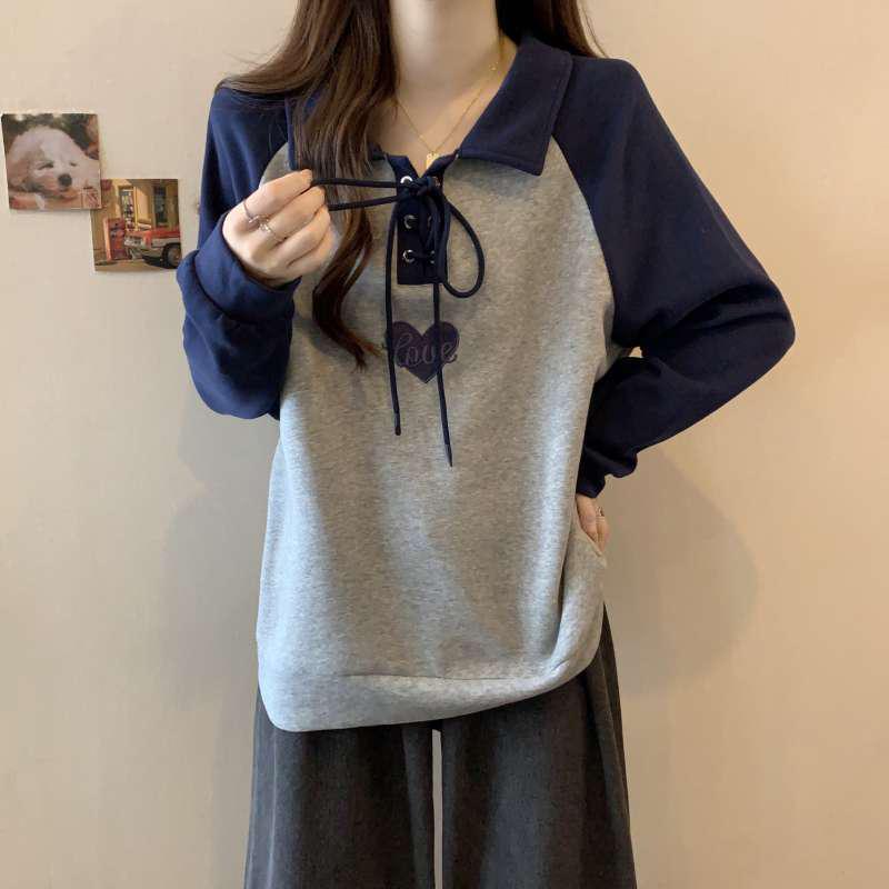 Women's Plus Size Polo Neck Hoodie: Autumn/Winter Korean Style, Loose Raglan Long Sleeve, Slimming Base Top for a Flattering Look