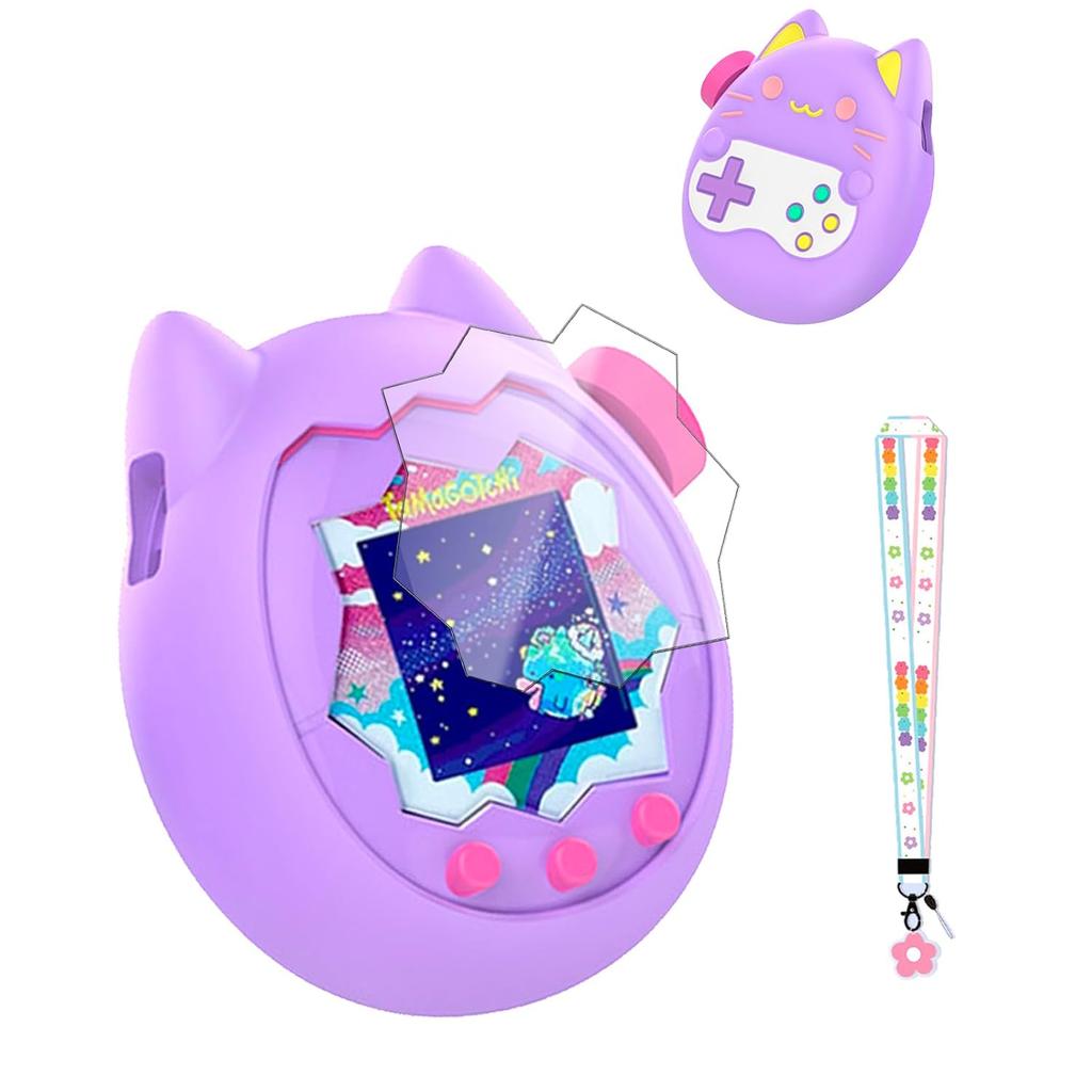 for Tamagotchi Paradise Soft Silicone Case and TPU Clear Screen Protector flim, 360-degree Full Protective with Flower Series Lanyard, Scratch Shock