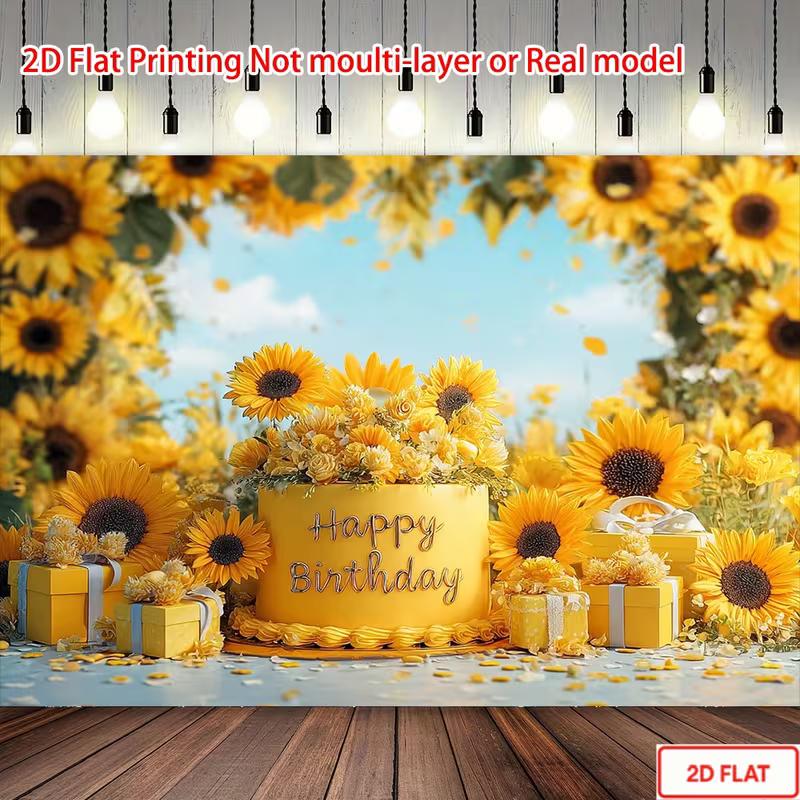 2D Cheerful Sunflower and Cake Backdrop Photo Booth Background for Kids' and Adult Shoots