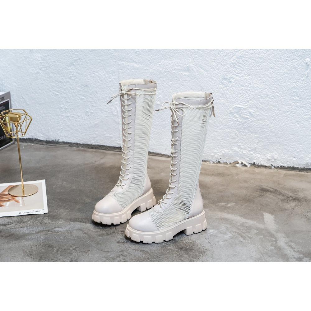 Cizme de vară până la genunchi pentru femei - Cizme de călărie din plasă respirabilă cu platformă groasă și design cu V tăiat și șireturi