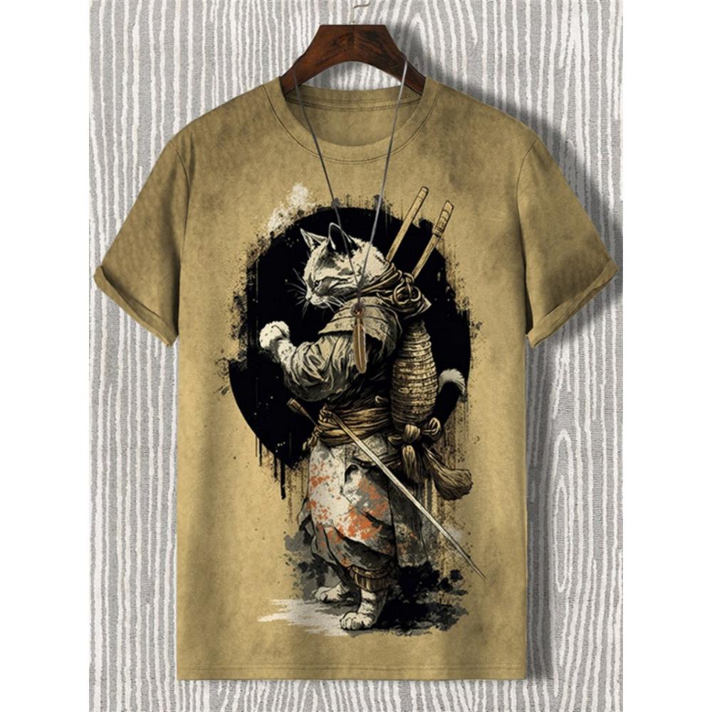 Japanese Style Samurai Cat Graphic T Shirt For Men Causal 3D Printed O Neck Short Sleeve Tees Outdoor Oversize Men Clothing Tops