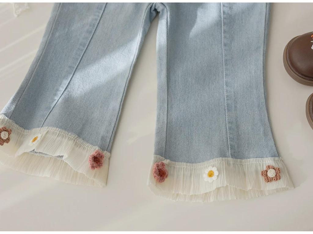 Stylowe dżinsy z koronką z szerokimi nogawkami typu dzwony dla dziewczynek - Wiosenno-jesienne spodnie z szerokimi nogawkami