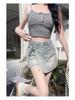 Petite Women's High-Waisted A-Line Denim Skirt with Irregular Tie and Faux Two-Piece Design