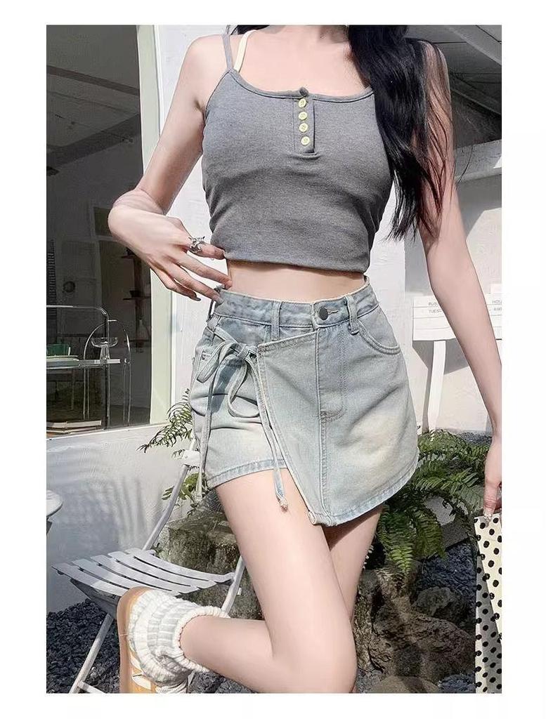 Petite Women's High-Waisted A-Line Denim Skirt with Irregular Tie and Faux Two-Piece Design