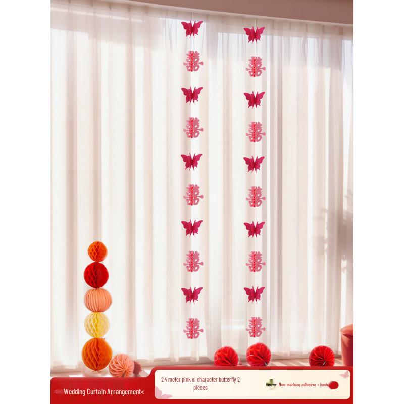 Wedding Room Decor Set: Double Happiness Curtains, Bay Window Trim, Bedroom Bows