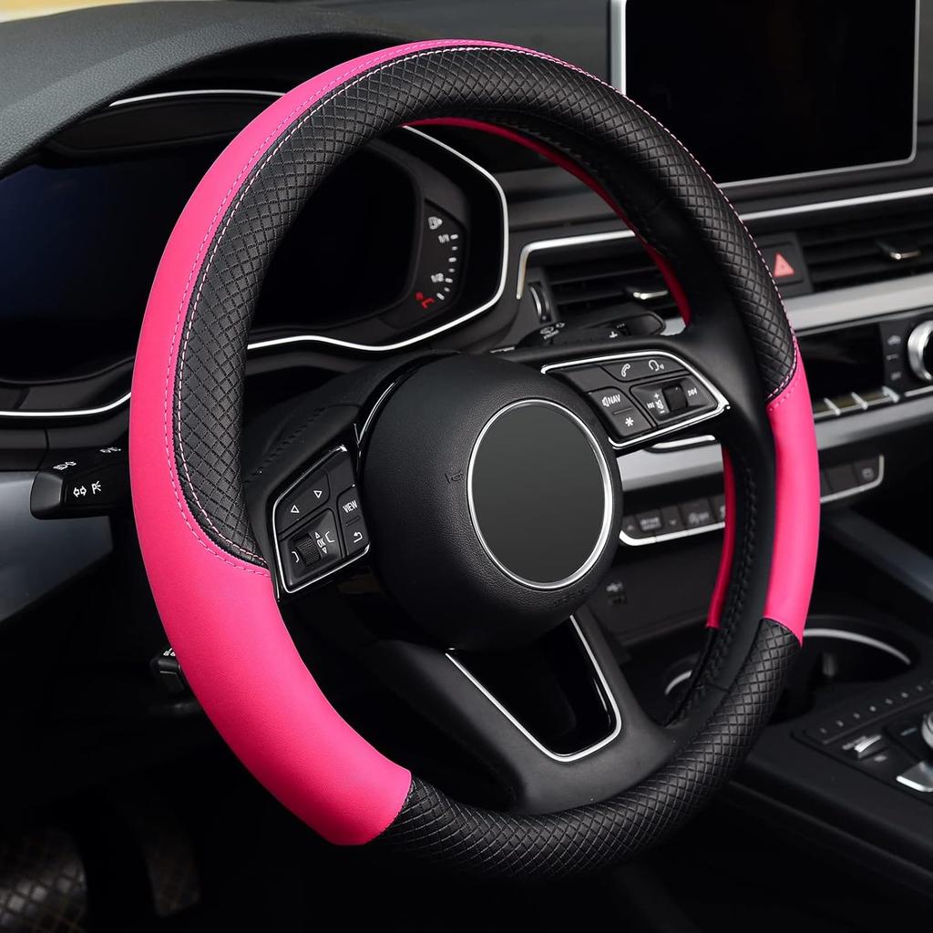 LABBYWAY Steering Wheel Cover, Universal Fit 15 Inch Microfiber Leather Car Wheel Protector, Anti-Slip, Pink