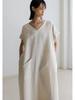 Japanese Retro Linen V-neck Dress with Big Pockets (2025 Collection)