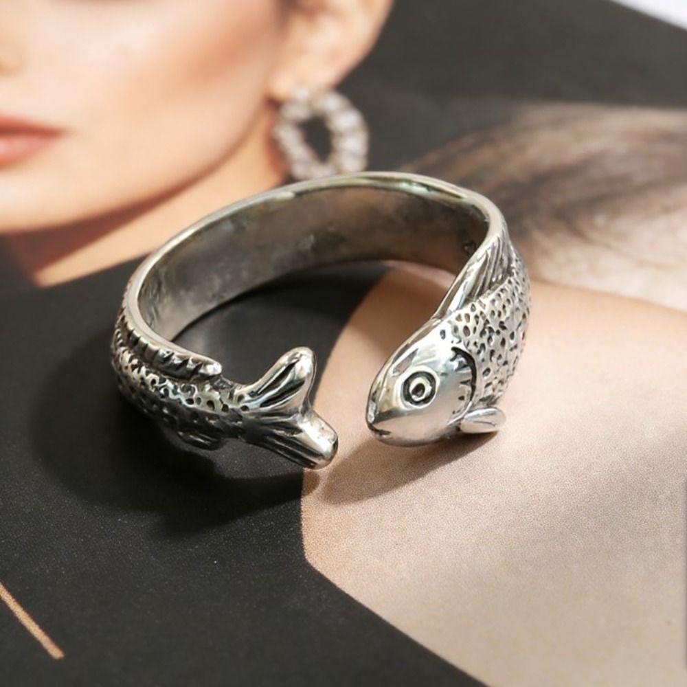 Simple Vintage Adjustable Ring Zinc Zinc Alloy Retro Open Ring Niche Fish Shaped Ring  Unisex