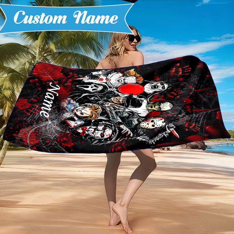 Custom Name Horror Characters Beach Towel, Soft Quick-Dry Beach Towel, Ideal for Pool, Camping, Perfect Travel Essential Gift