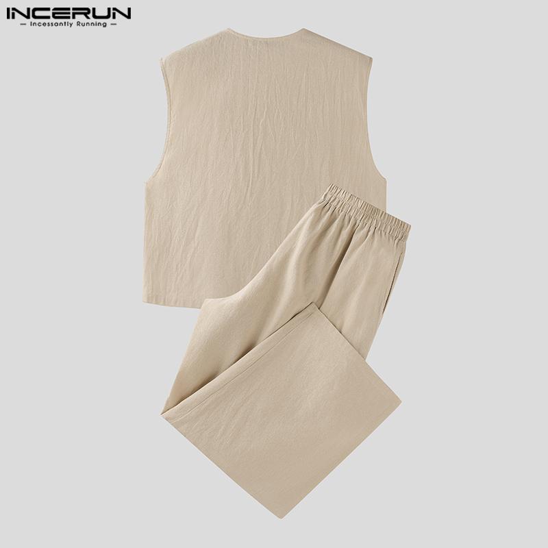 INCERUN Two Pieces Vintage Men Sleeveless Tops Long Pants Sets Outfits