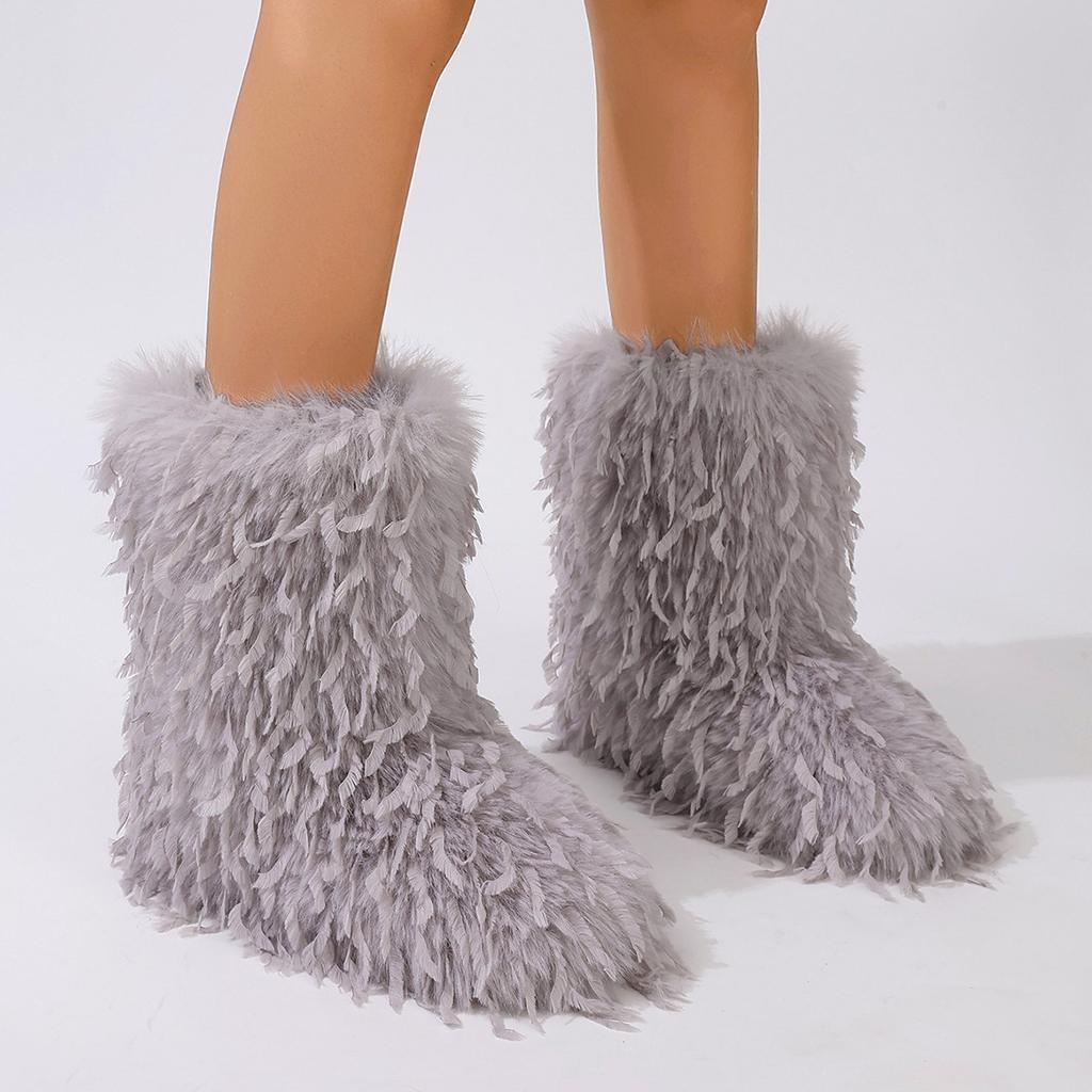 Furry Faux Fur Boots for Women Fuzzy Fluffy Mid Calf Snow Boots Winter Suede Warm Fur Lined Booties Flat Boots Women's Casual Ankle Booties Shoes