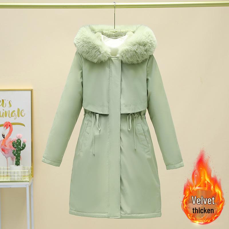 Women's Mid-Length Winter Parka: Thickened Velvet, Korean Style, Loose Fit, Large Fur Collar Cotton Jacket