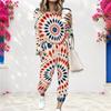 Women Plus Size Two Piece Set Round Neck Long Sleeve Printed Red Blue White Cuffed Top And Cuffed Pants With Pockets
