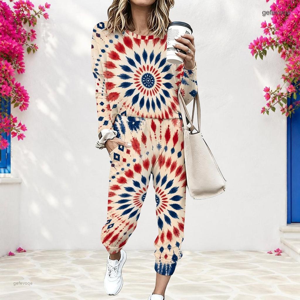 Women Plus Size Two Piece Set Round Neck Long Sleeve Printed Red Blue White Cuffed Top And Cuffed Pants With Pockets